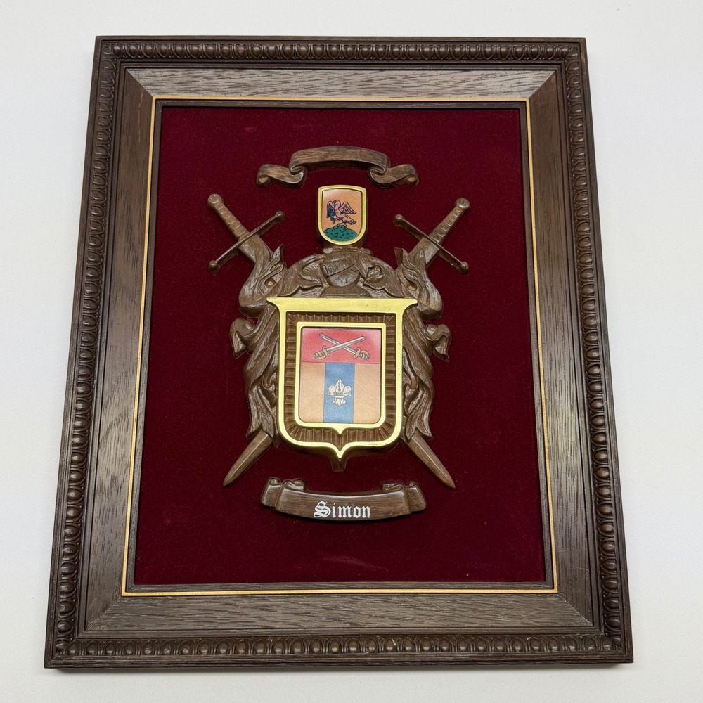 Vintage Simon Family Crest Coat of Arms Wooden Wall Plaque Heirloom Decor